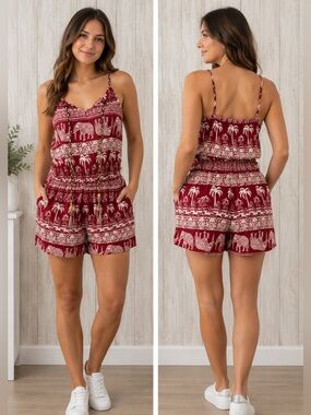 GM Fashion Red White Palm Tree Elephant Print Romper Lightweight Size S/M